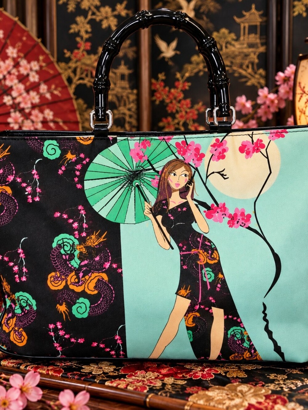 Stylish Asian Themed Tote Bag in Mint & Black With Bamboo Handles